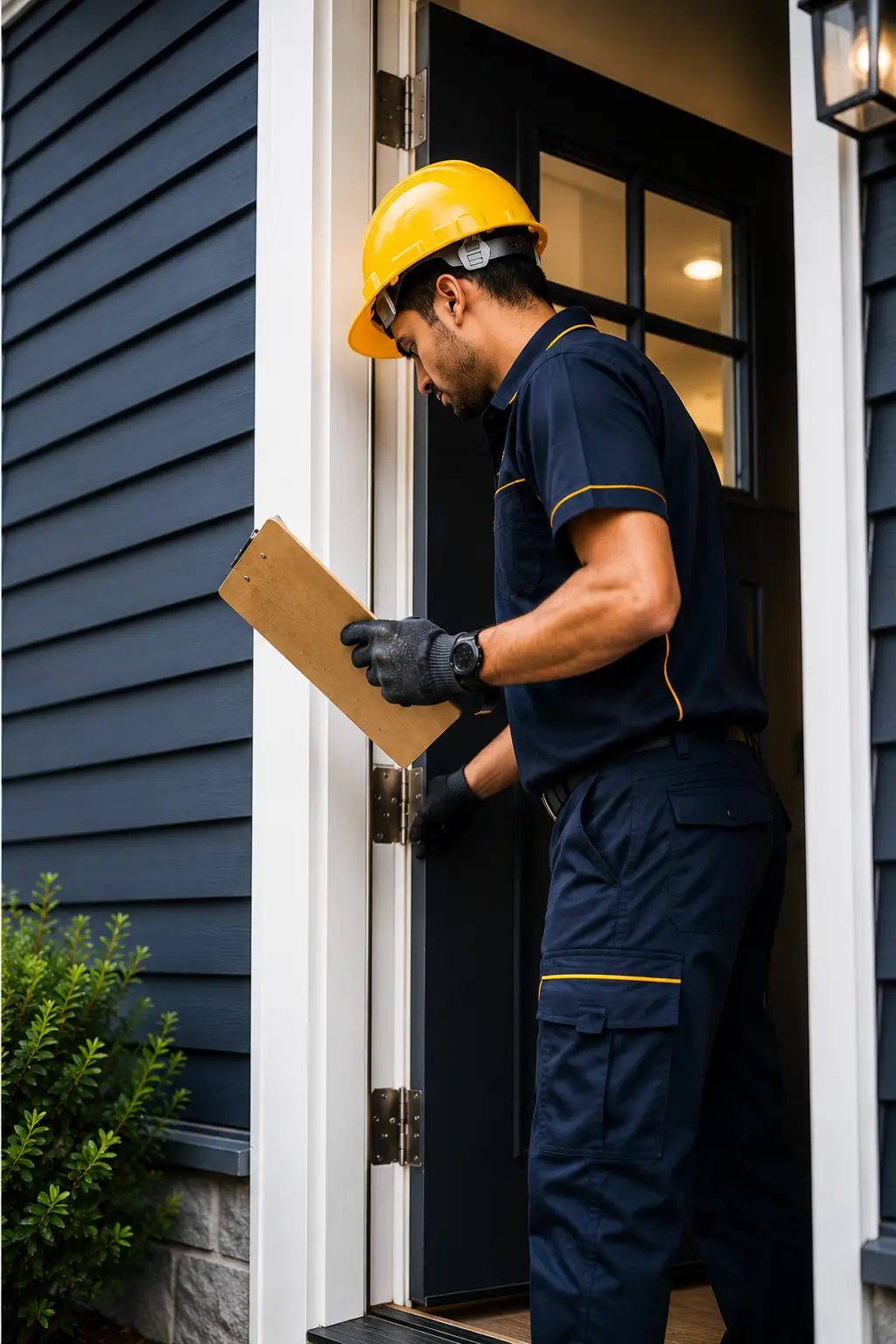 Technician inspecting a commercial overhead door system