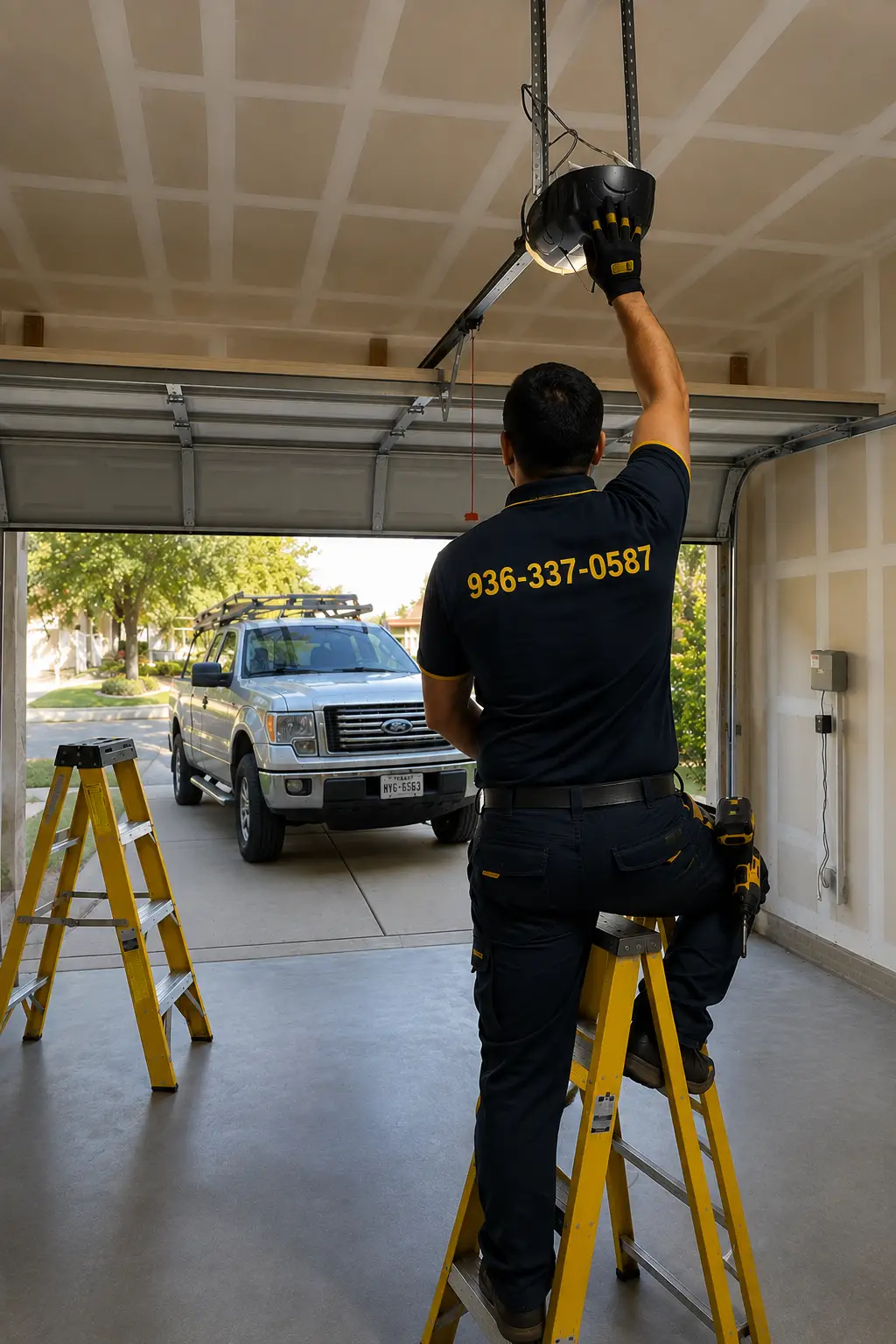 Technician inspecting an emergency garage door problem