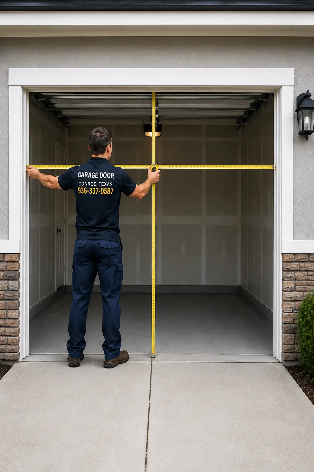 Technician completing a garage door 
Accurate Measurements  installation Process in Conroe TX