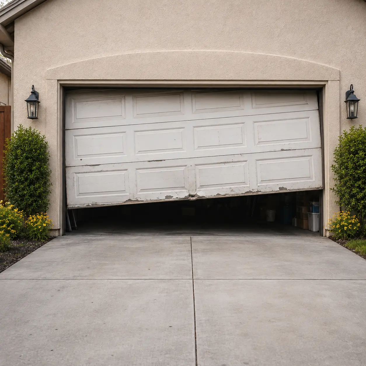 Damaged garage door before repair