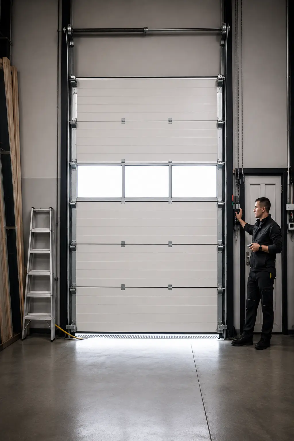 Technician performing a garage door maintenance check