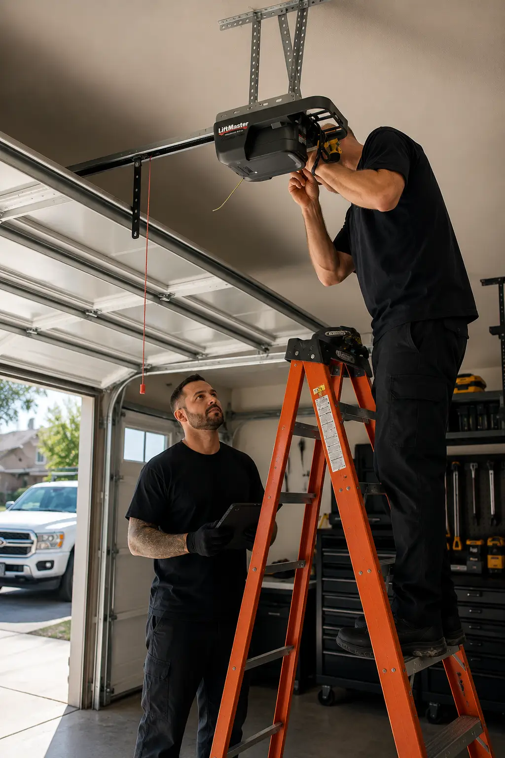Technician inspecting a garage door opener system