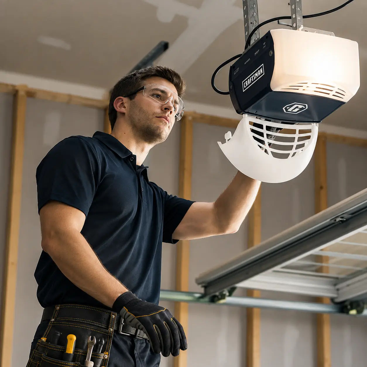 Technician performing garage door opener maintenance