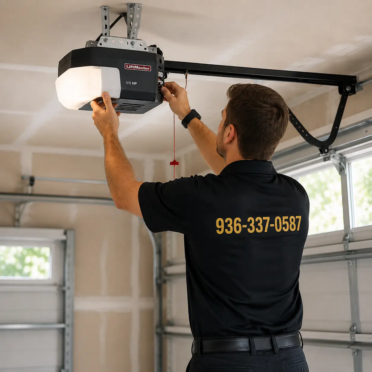 Technician repairing a garage door opener motor
