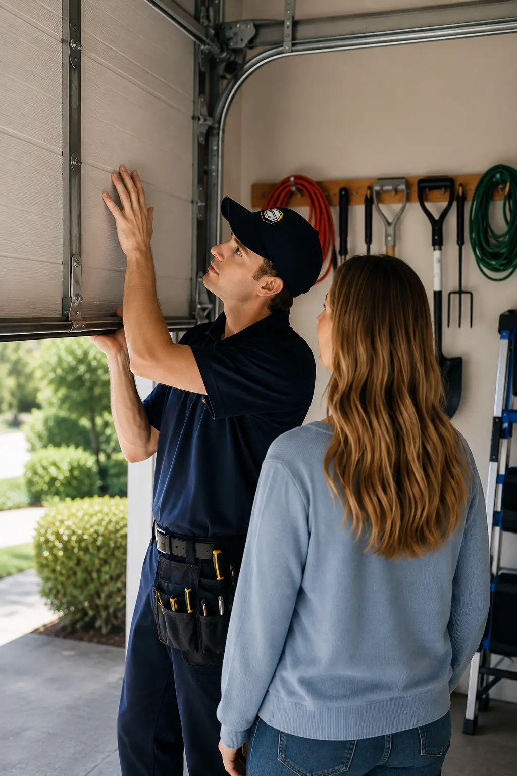 Technician inspecting garage door parts and hardware