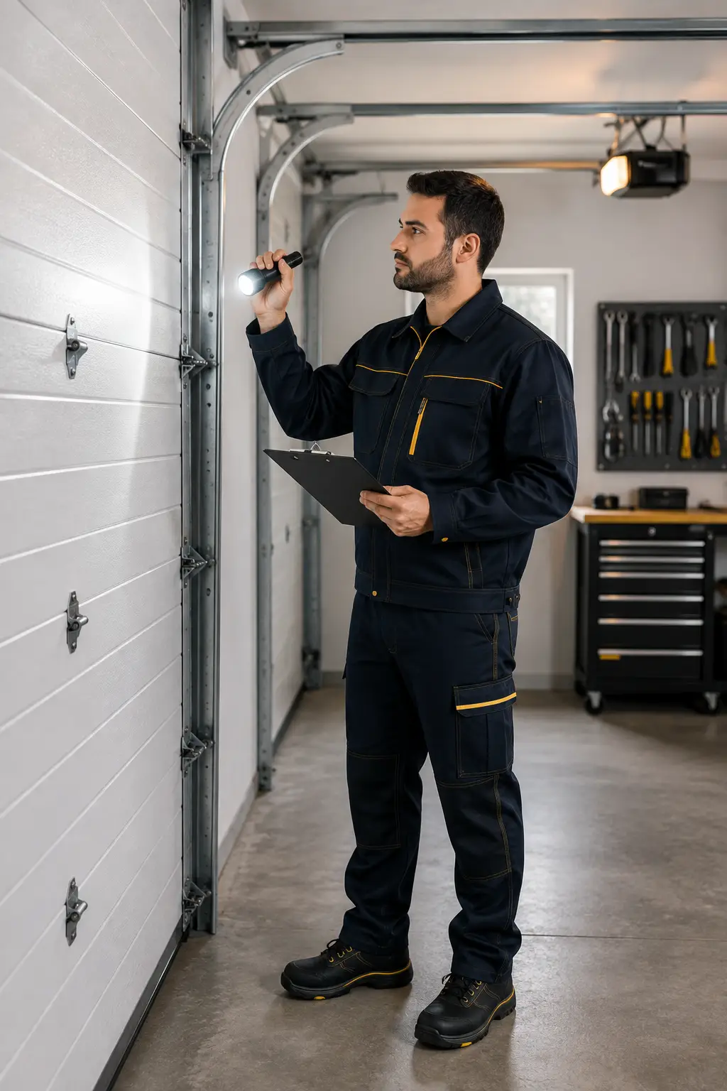 Technician inspecting a garage door for repair