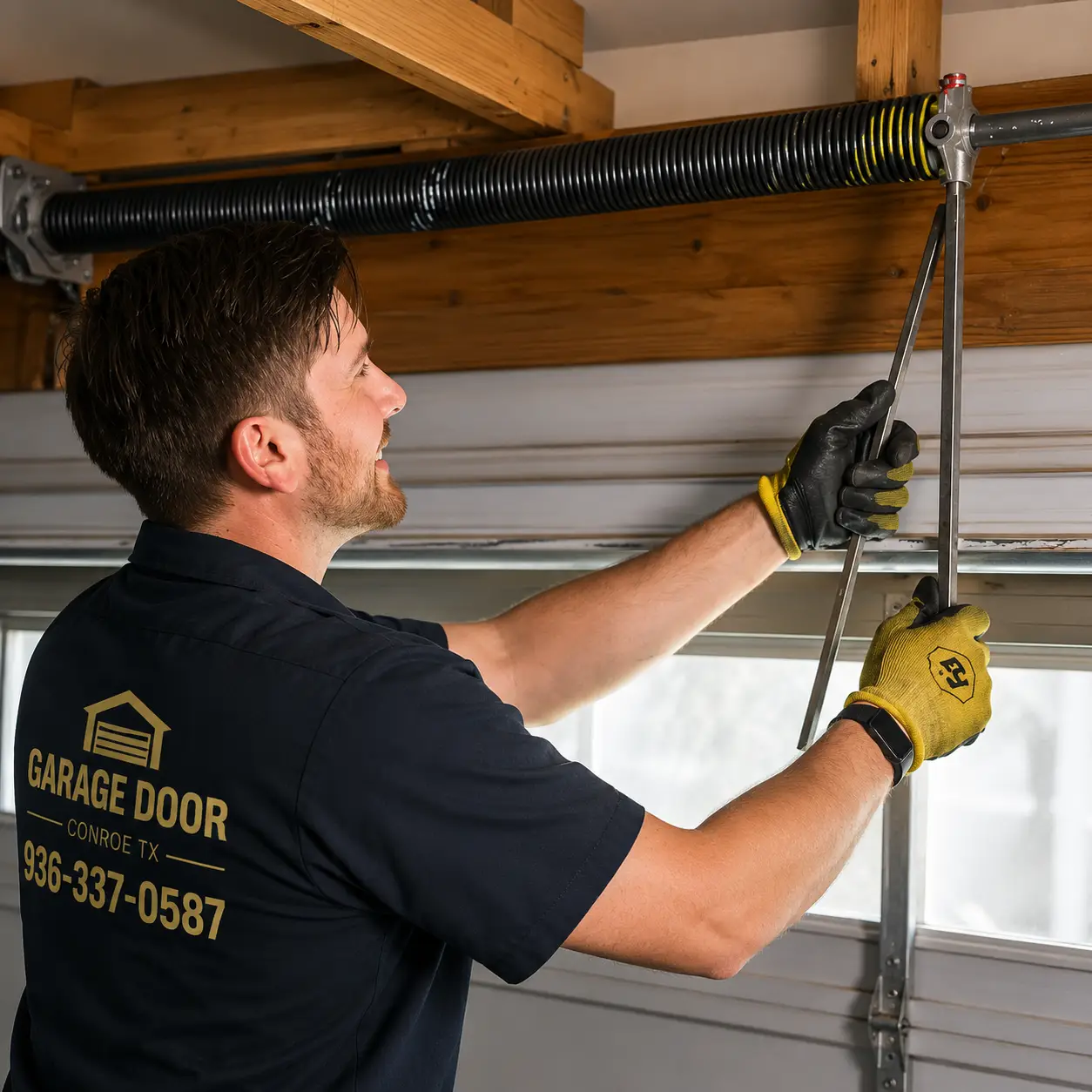 Technician balancing new garage door springs