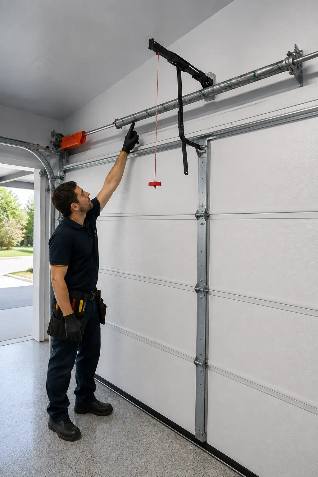 Technician inspecting garage door springs and cables