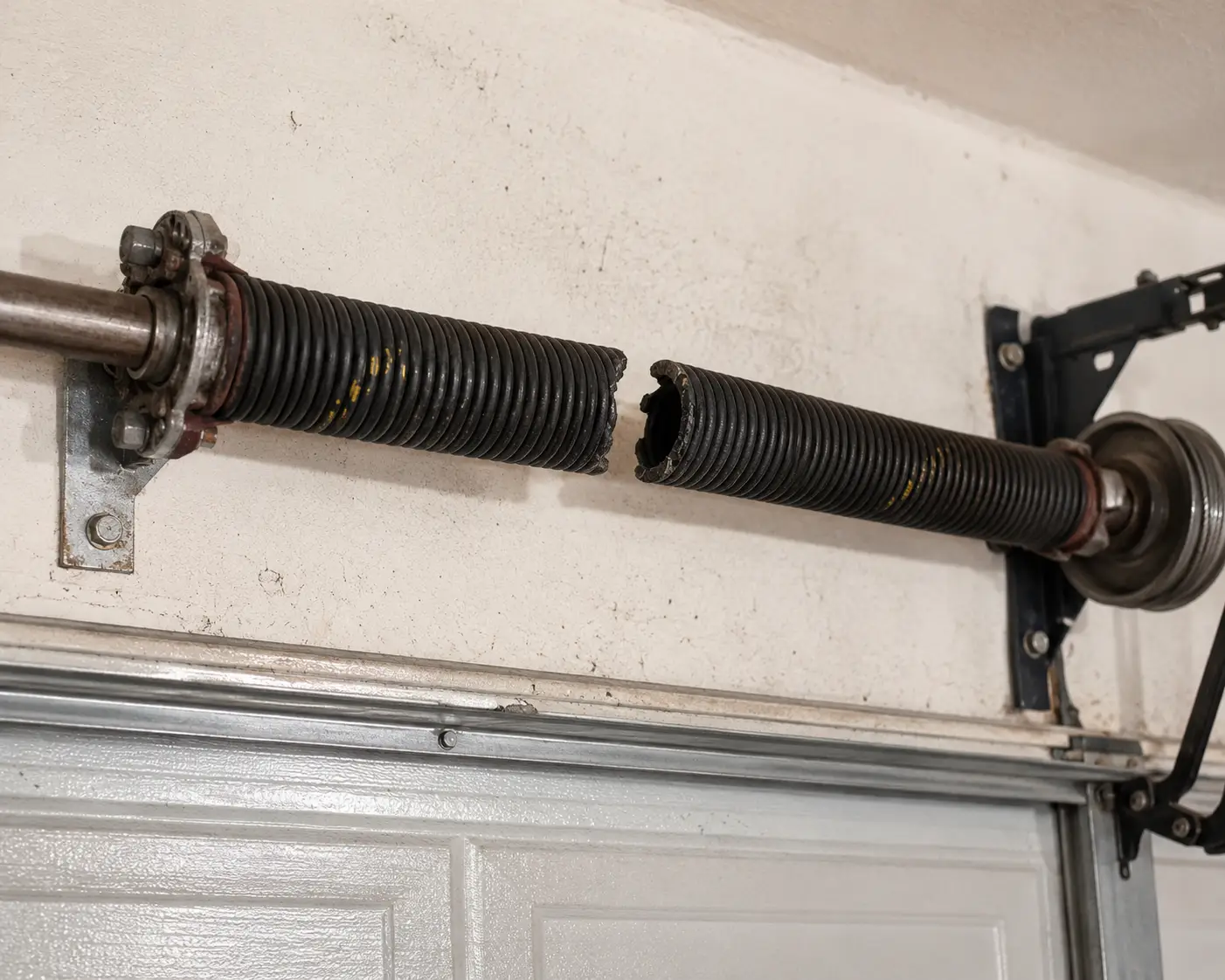 Damaged garage door before repair