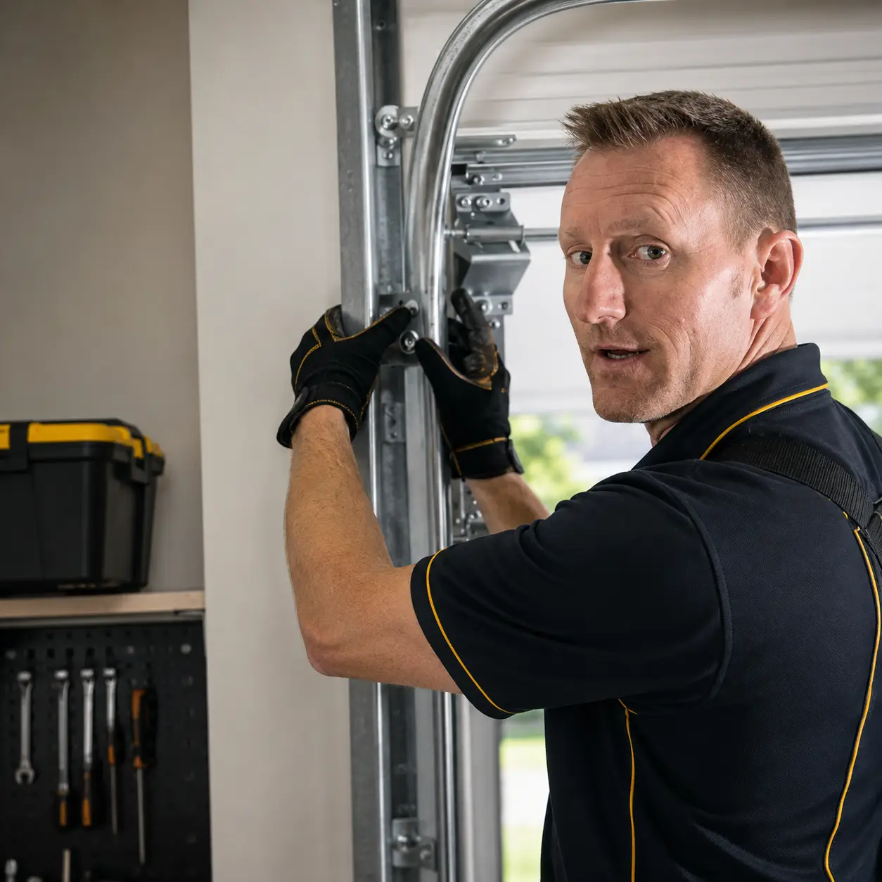 Garage door track alignment and hardware adjustment