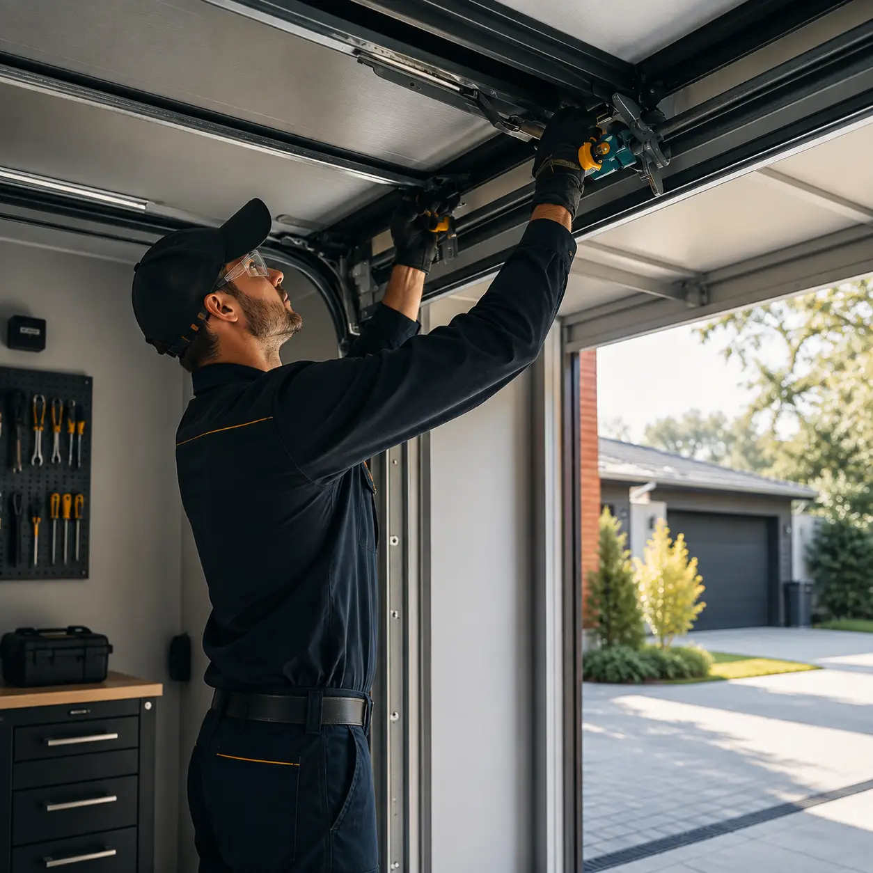 Technician performing preventive garage door maintenance